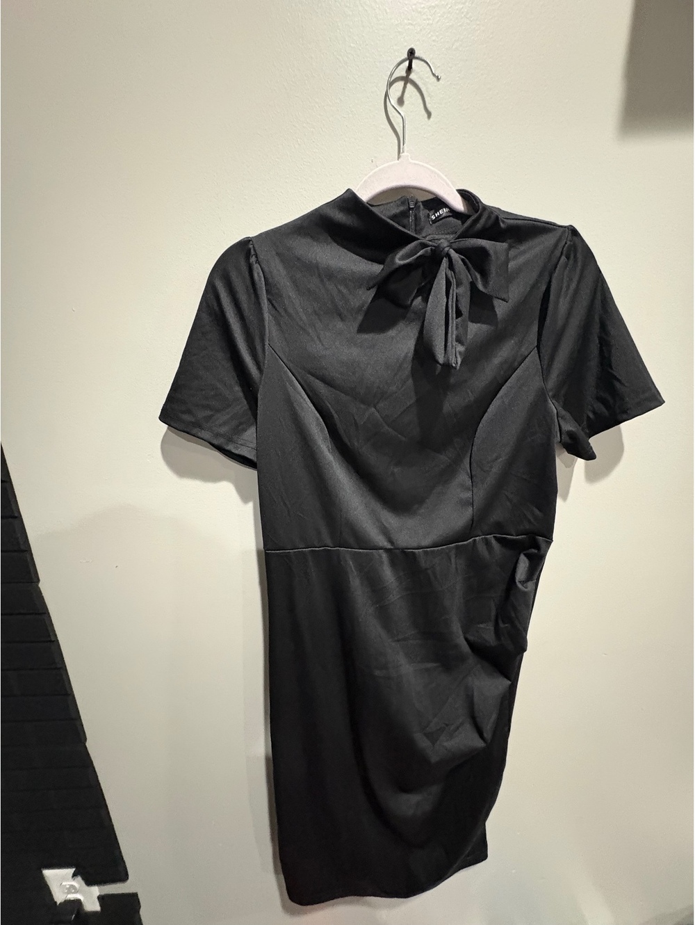 Black Short Sleeve Tie Neck Dress